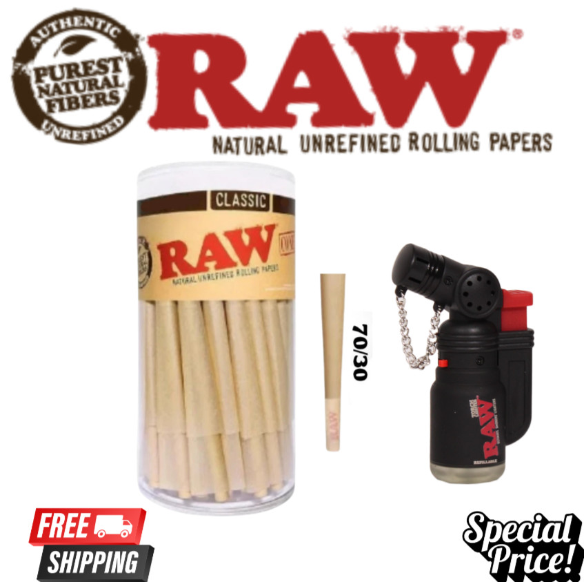 RAW Cones Single Size 70/30 Dogwalker 54ct  W/ Raw Torch Lighter