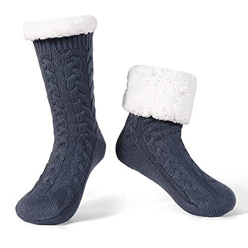 Men's Warm Cozy Slipper Socks Non Slip Winter Fuzzy Fleece 7-12 Dark Grey