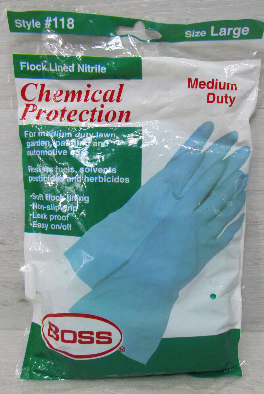 Boss #118 Nitrile Gloves Large Chemical Protection Gloves Green Flock Lining