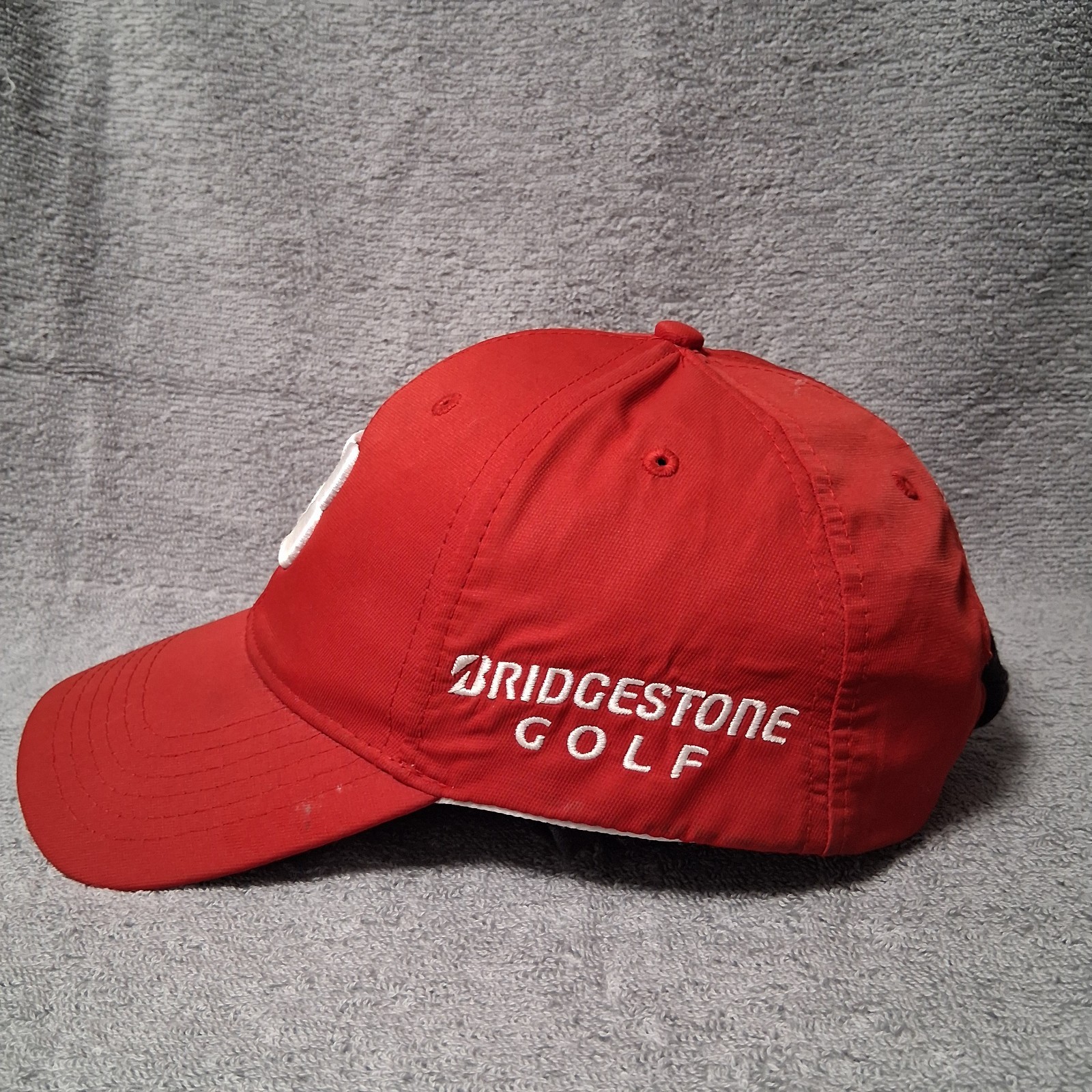 Bridgestone Golf Hat Cap Strap Back Red White Logo Performance Golfing Mens