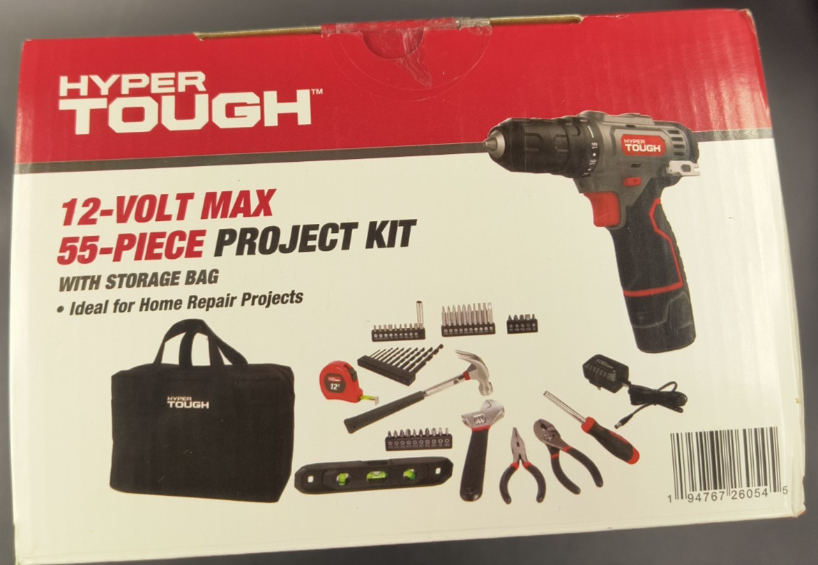Hyper Tough 12v Max Lithium-Ion Cordless Drill 3/8" Keyless 56-Piece Project Kit