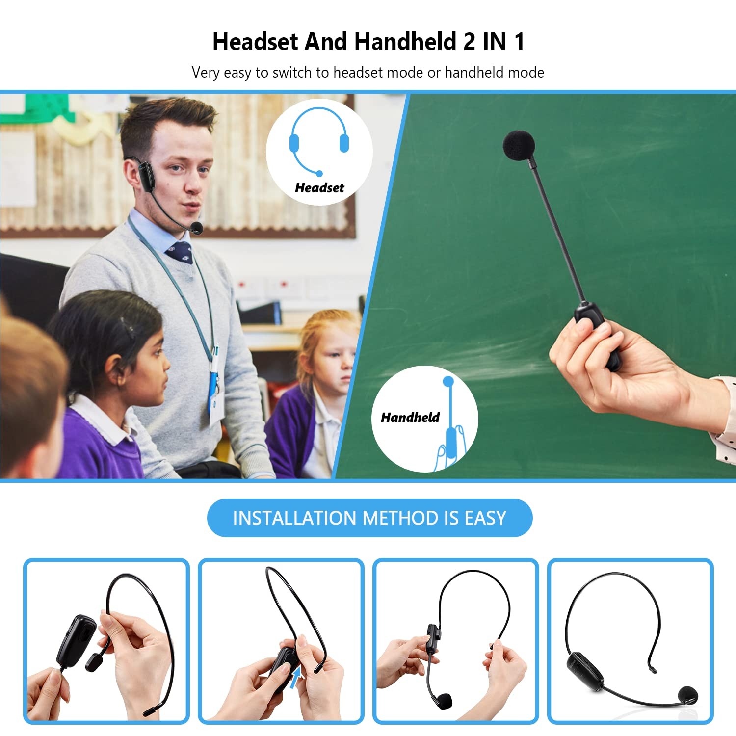 Bietrun Wireless Microphone Headset, UHF Headset Mic Small, Black A