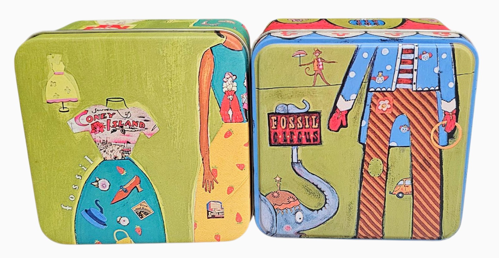 (2) Empty Fossil Metal Collectible Tin Boxes w/inserts: Coney Island, Circus