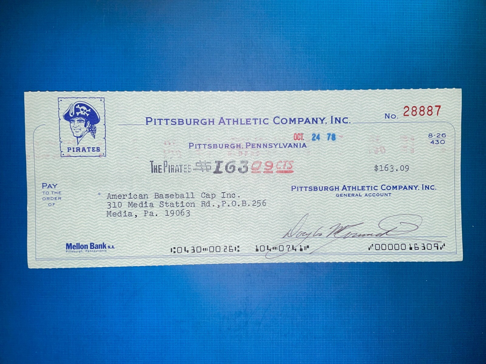 1978 Pittsburgh Pirates (Expense Check) Made out to "American BB Cap Co."
