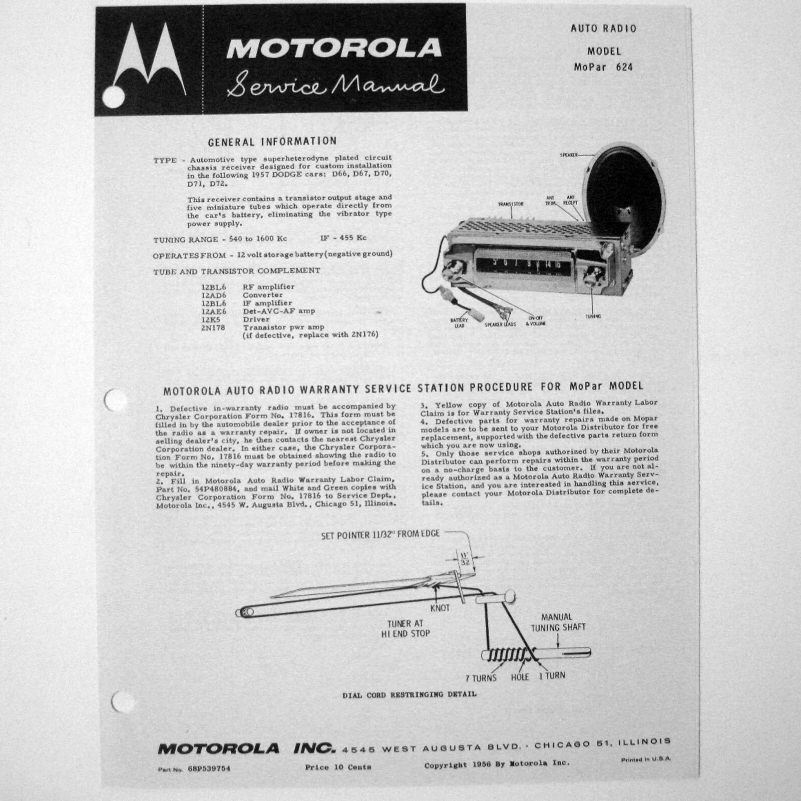 Motorola ® Model 624 For 1957 Dodge Auto Radio Service Manual © 1957
