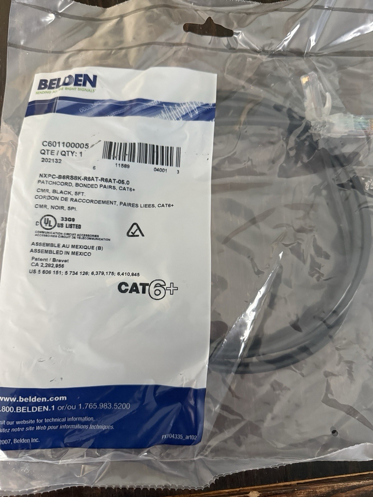 BELDEN C601100005 CAT6+ Bonded-Pair Patch Cord - 5 FT, Black