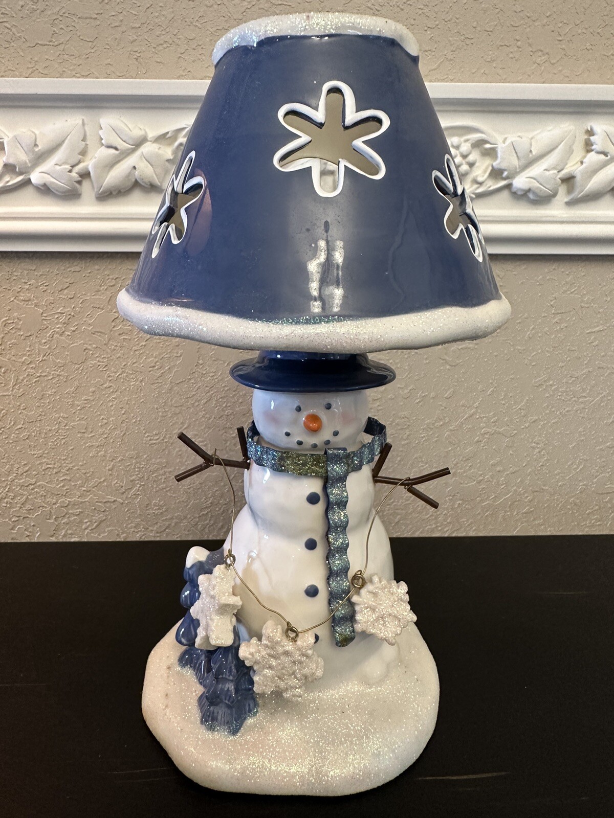 10” Ceramic Snowman Tealight Holder With Snowflake Charms and Metal Scarf