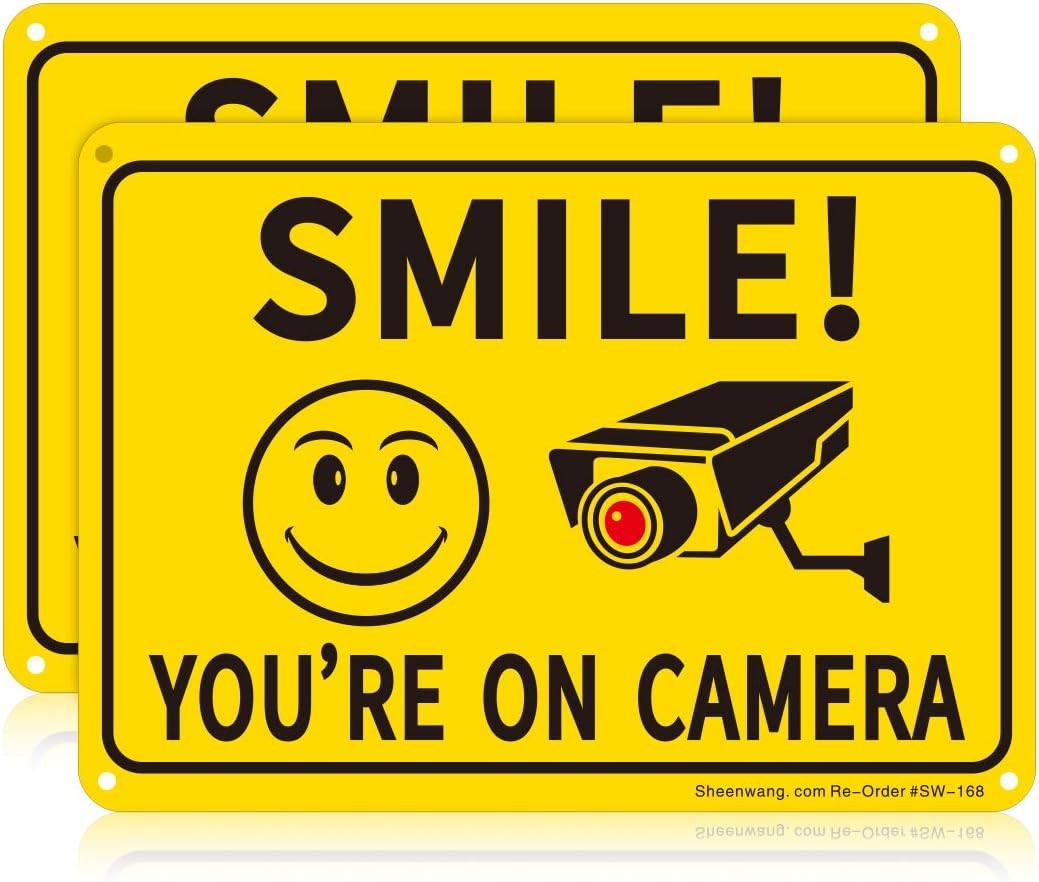 2-Pack Smile You’Re on Camera Sign, Video Surveillance Signs Outdoor, UV Printed