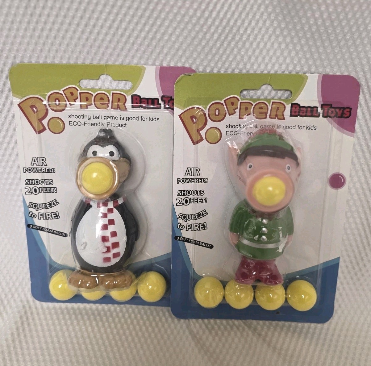 Holiday Popper Ball Toys Set of 2 Elf Penguin 6” w/ Foam Balls New