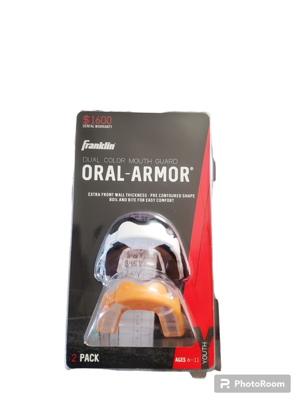 Franklin Dual Color Mouth Guard Oral- Armor Youth, Ages 6-11, White Orange