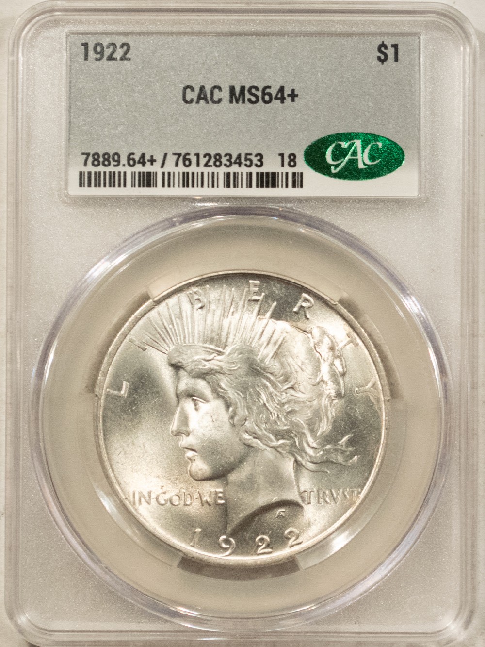 1922 $1 PEACE DOLLAR - CACG MS-64+, 65+ QUALITY! CAC APPROVED!