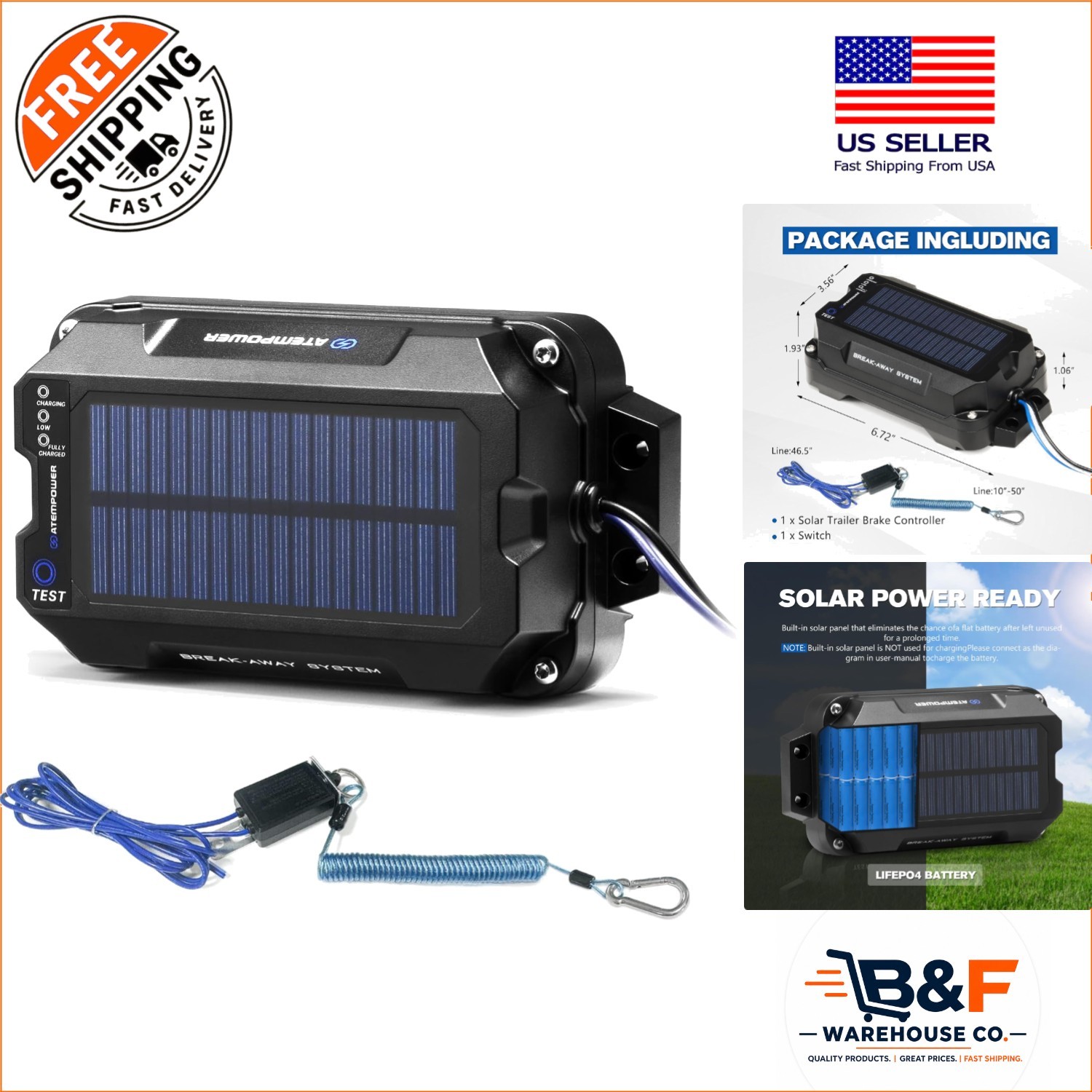 12V Solar Trailer Brake Controller Kit - LiFePO4 Battery,  Waterproof