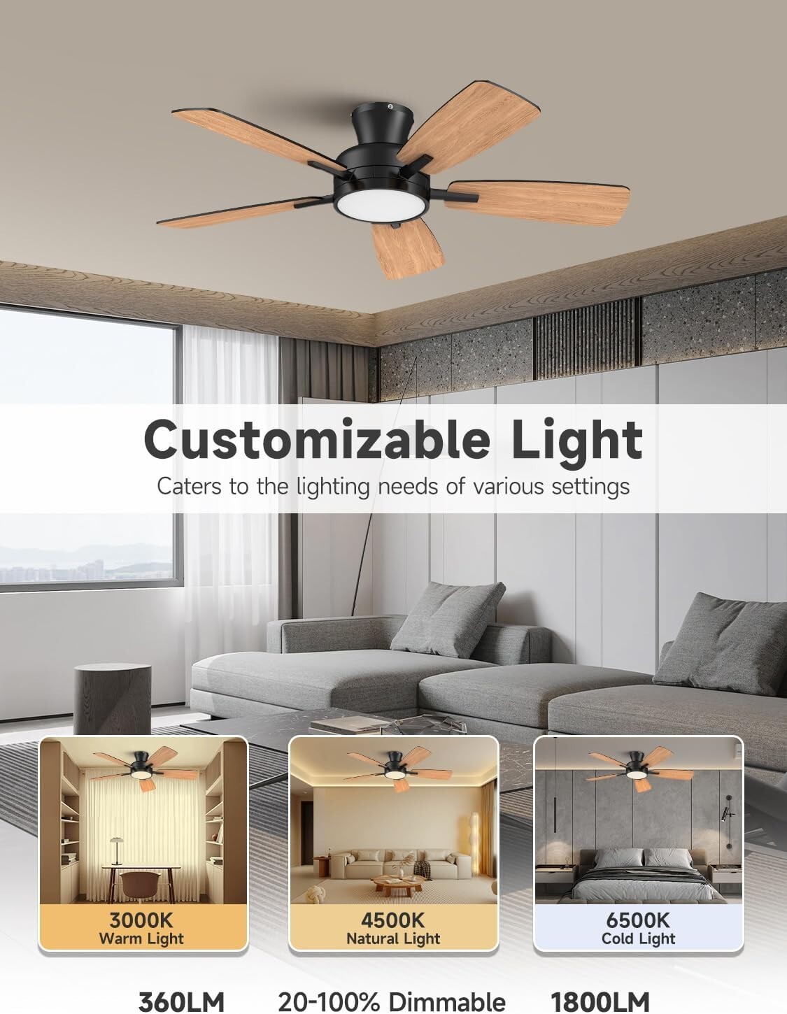46" Ceiling Fan with Lights, Remote, Reversible, Dimmable, Black Modern Fan