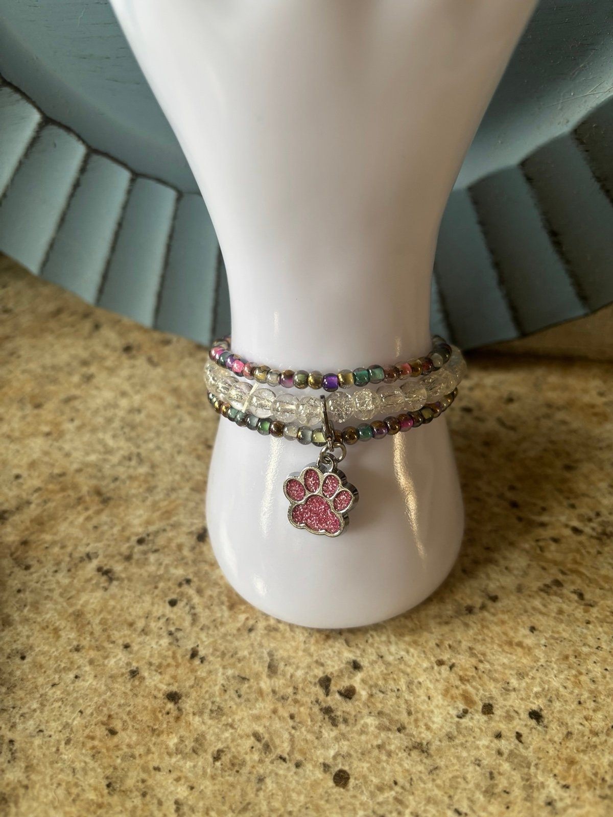 Handmade Beaded Stretch Bracelets Set of 3 Pink Glitter Paw Print Charm 0241
