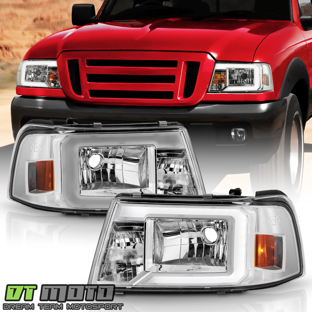 For 2001-2011 Ford Ranger Pickup LED Tube Chrome Headlights Headlamps Left+Right