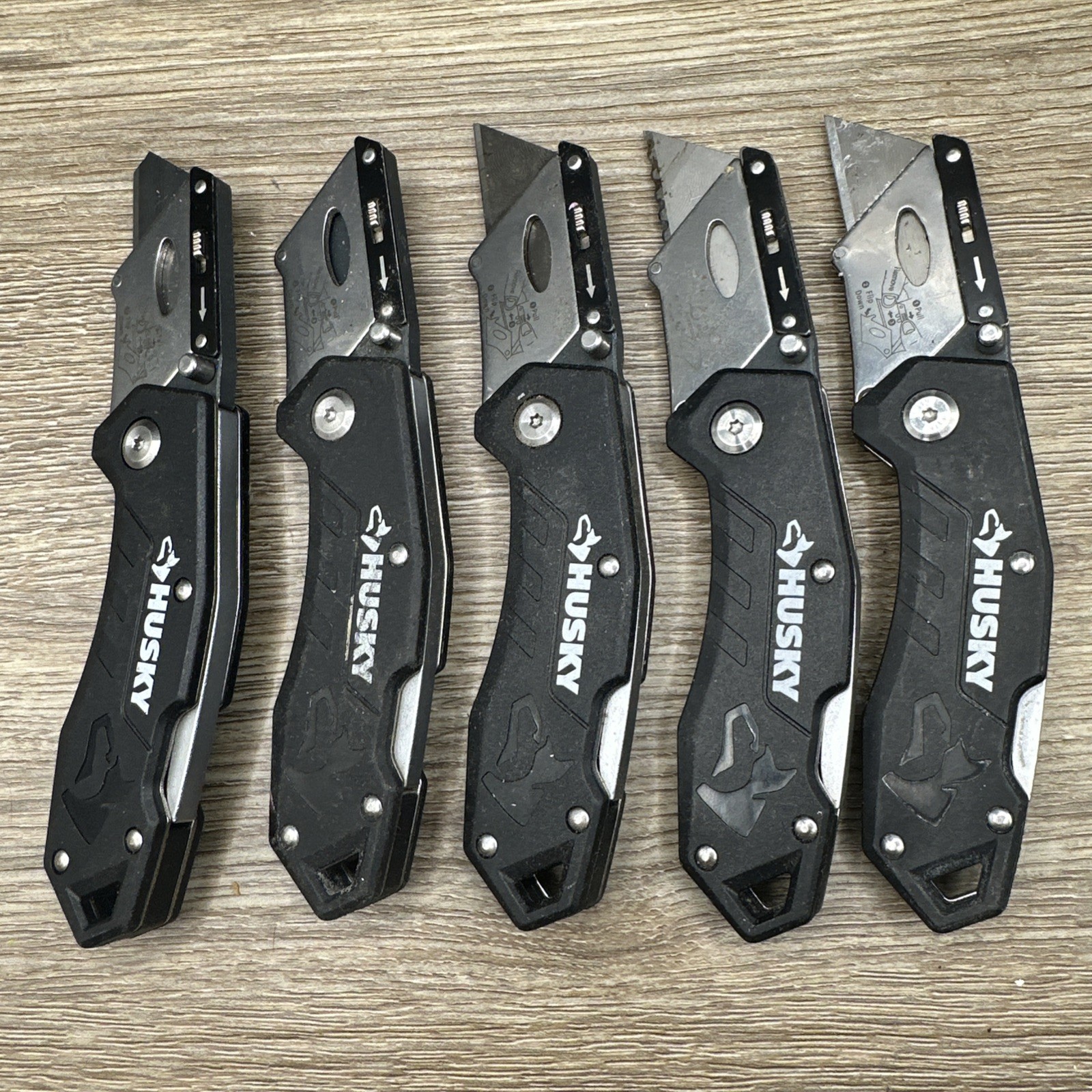(Lot F) 5 Husky Black Folding Lockback Pocket Utility Knife Set, Box Cutter