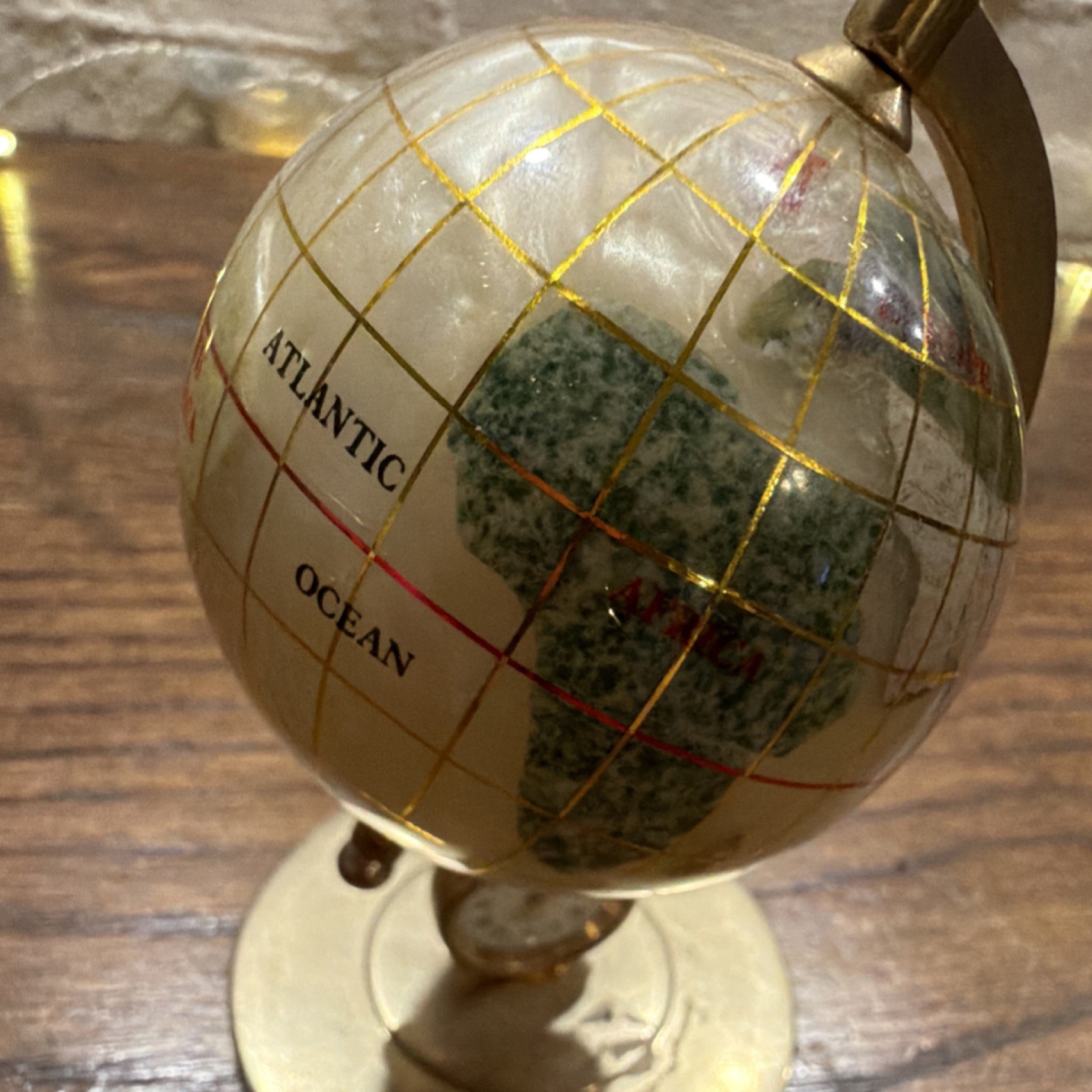 Small Rotating Tabletop World Globe w/ Built-In Clock, Gold Metal Base