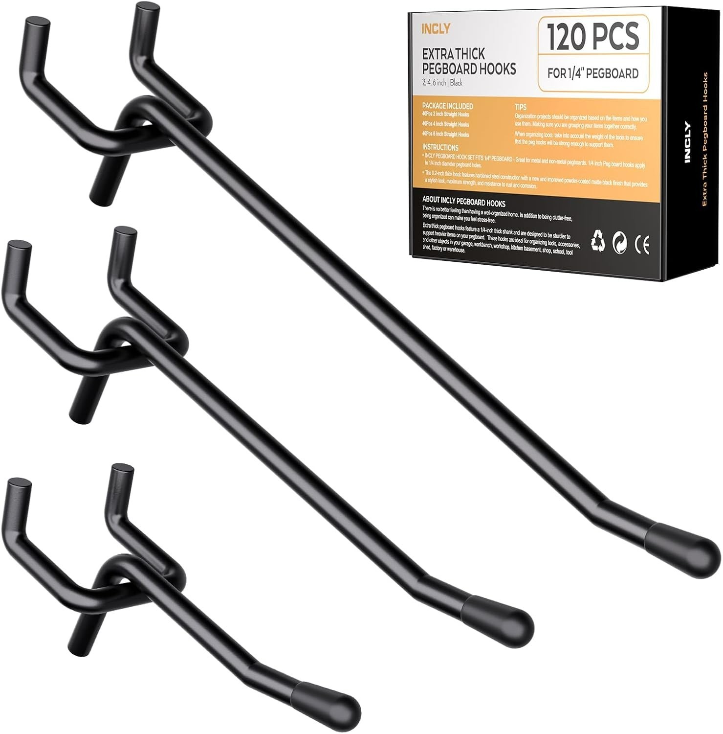 120 Pack 2/4/6 In Black Pegboard Hooks, 1/4" Heavy Duty Peg Board Shelving Hooks