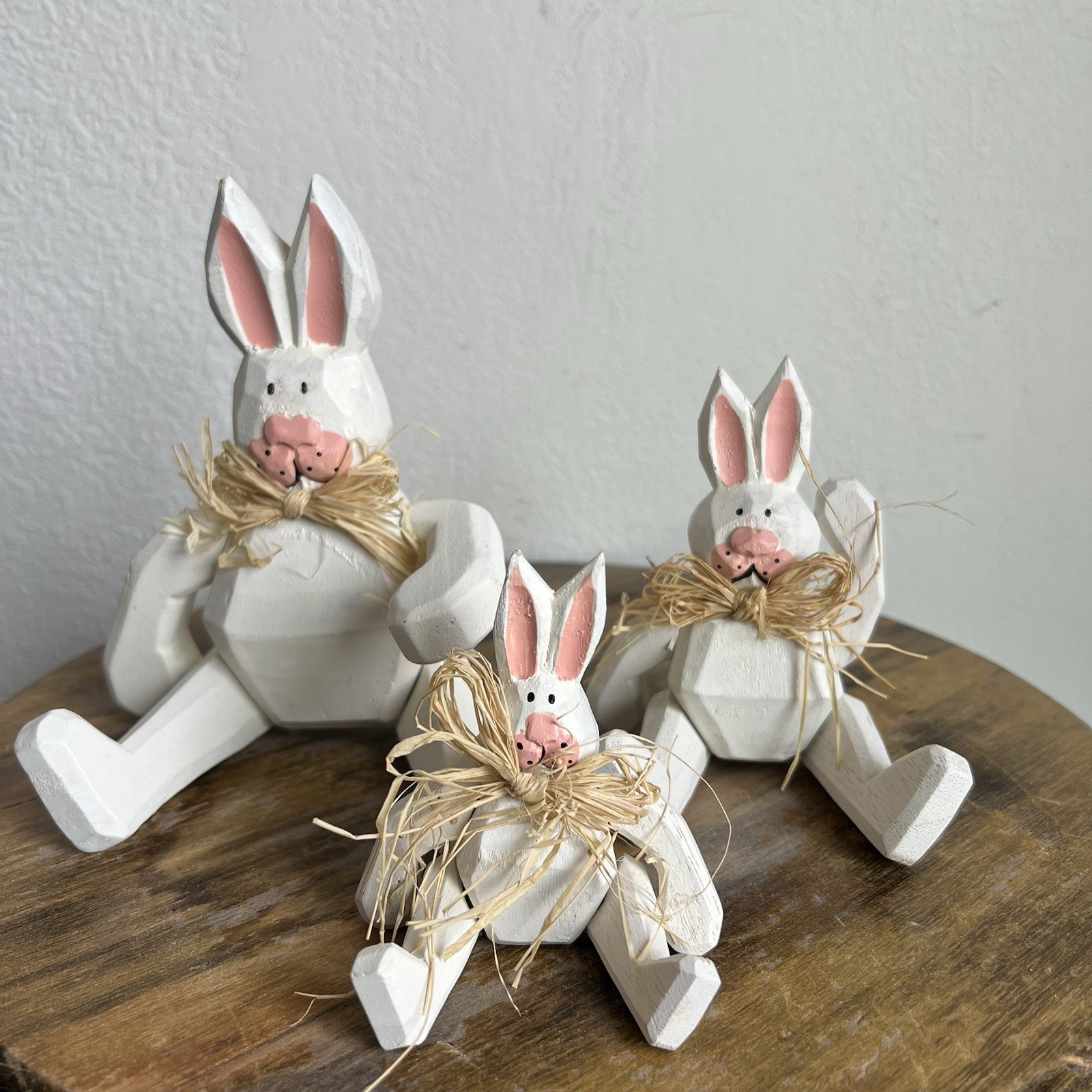Lot Of 3 Wooden Sitting Easter Rabbits - Large To Small - Moveable Limbs