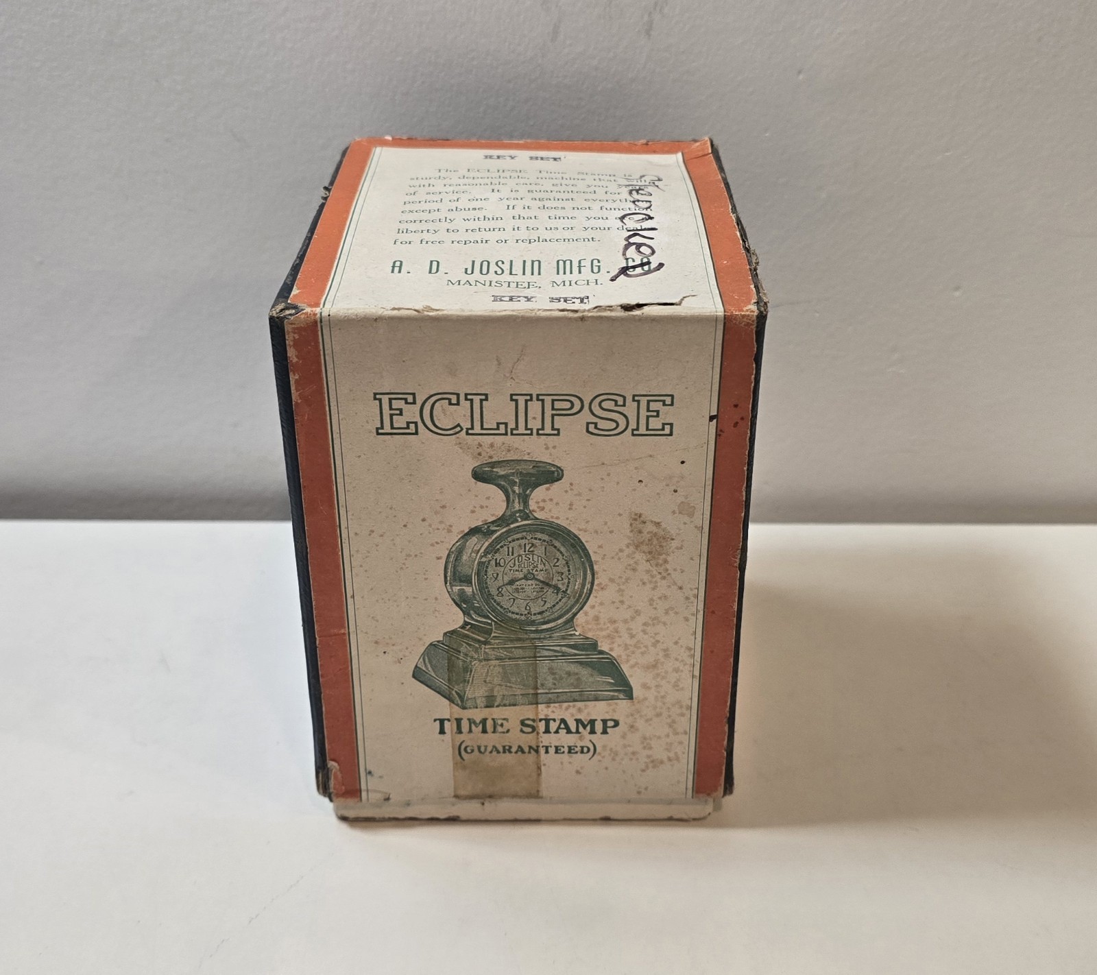 A.D. Joslin MFG CO Eclipse Time Stamp w/Box + Base - Amazing Shape CIB Needs Oil