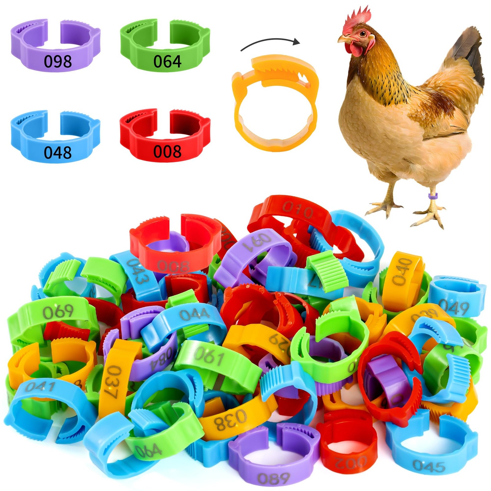 100pcs Chicken Leg Bands, 14-22mm Adjustable Poultry Tags, Durable Multi-Colo...