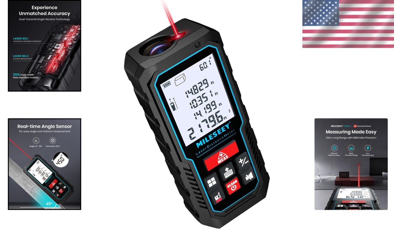 Accurate 229ft Laser Tape Measure with Upgraded Angle Sensor & Backlit Display