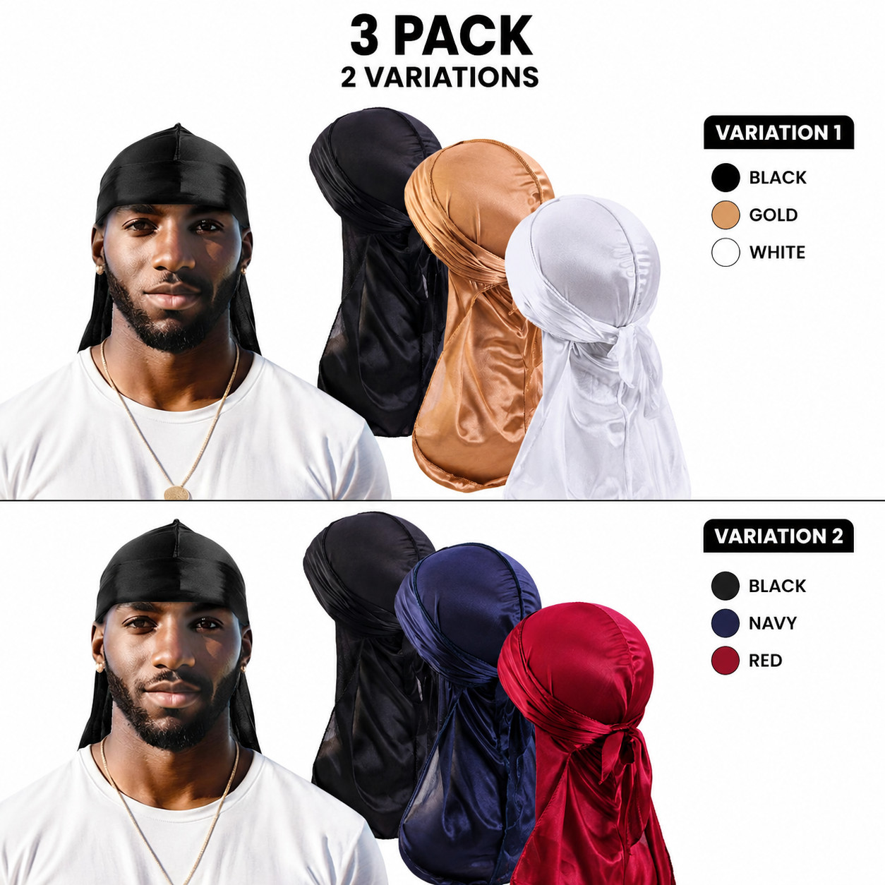 3 Pack Silky Satin Durag Unisex Wave Cap Hat Doo Rag Biker Smooth Head Wrap