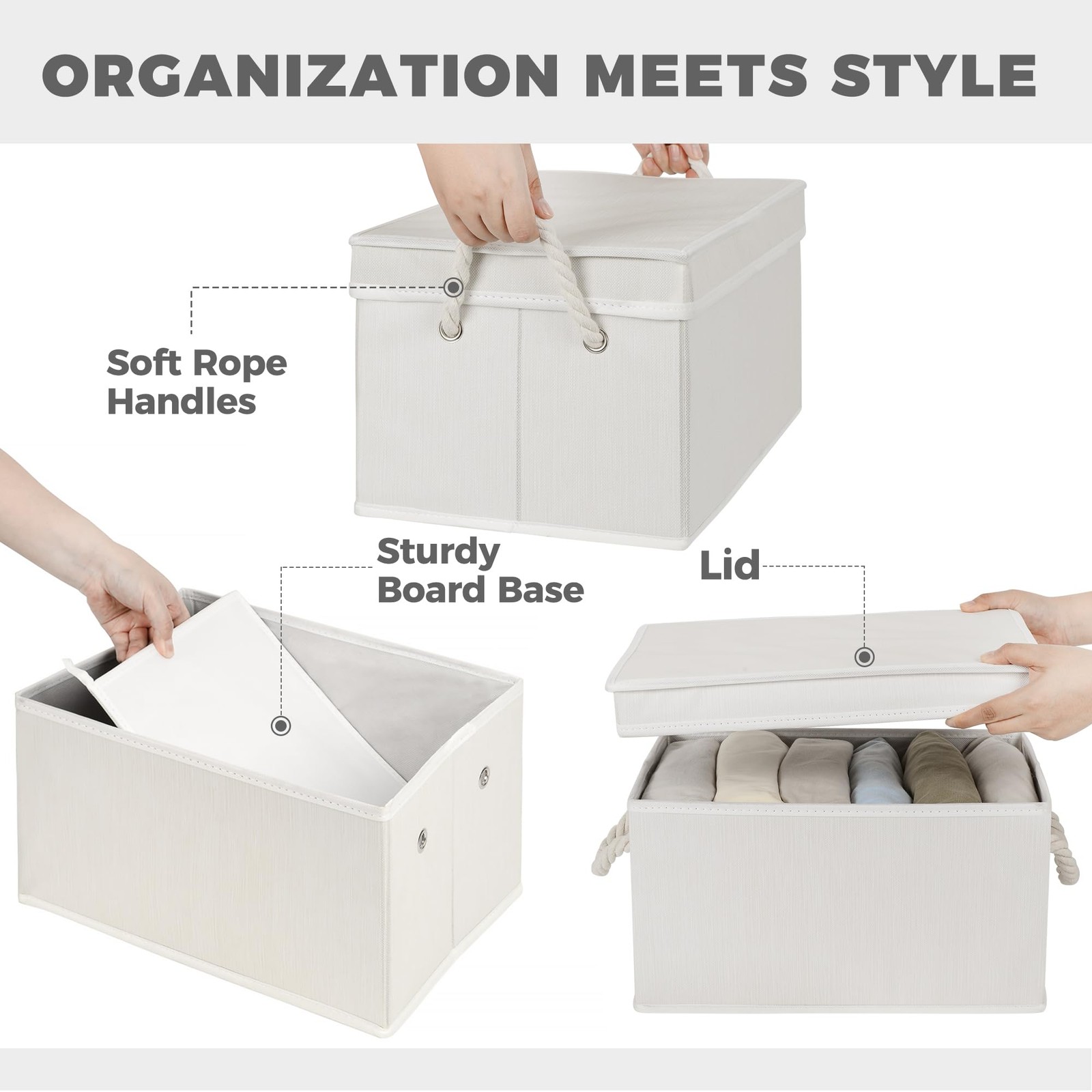 Set of 3 Fabric Bins for Organization - Foldable & Stackable With Lid & Ivory