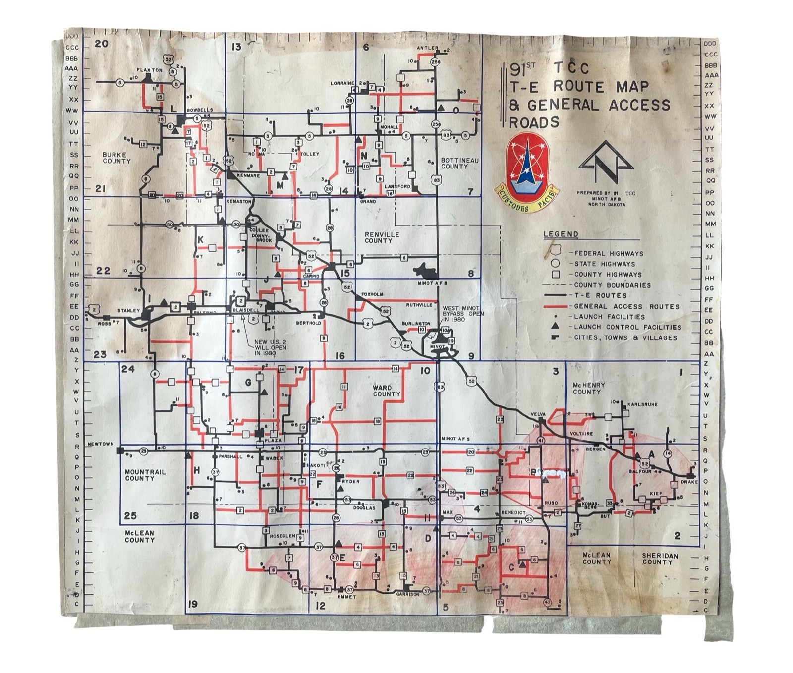 Rare USAF 91st TCC Minuteman Ballistic Launch Site Map Minot N. Dakota 21"x 17"