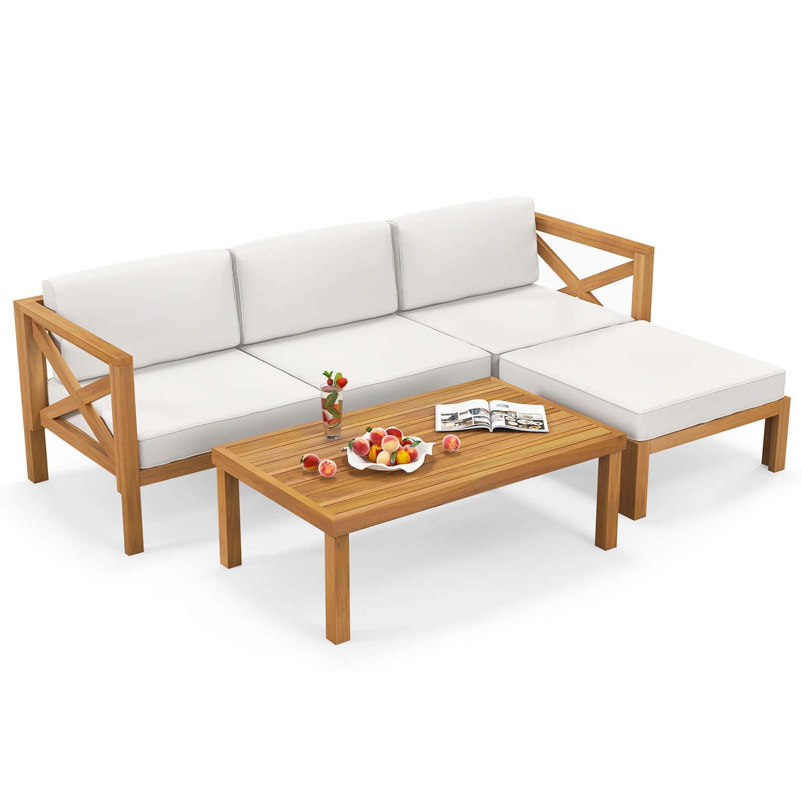 Set of 5 Conversation Furniture Set w/ 3 Chairs 1 Ottoman & 1 Coffee Table White