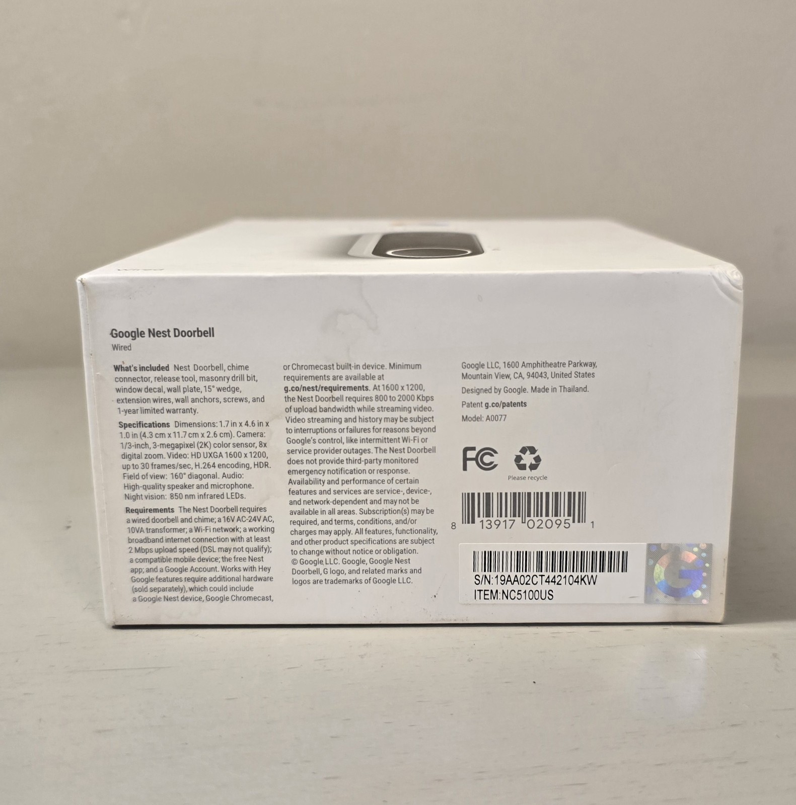 Google Nest Video Doorbell Wired A0077 **New** ( Open Box )