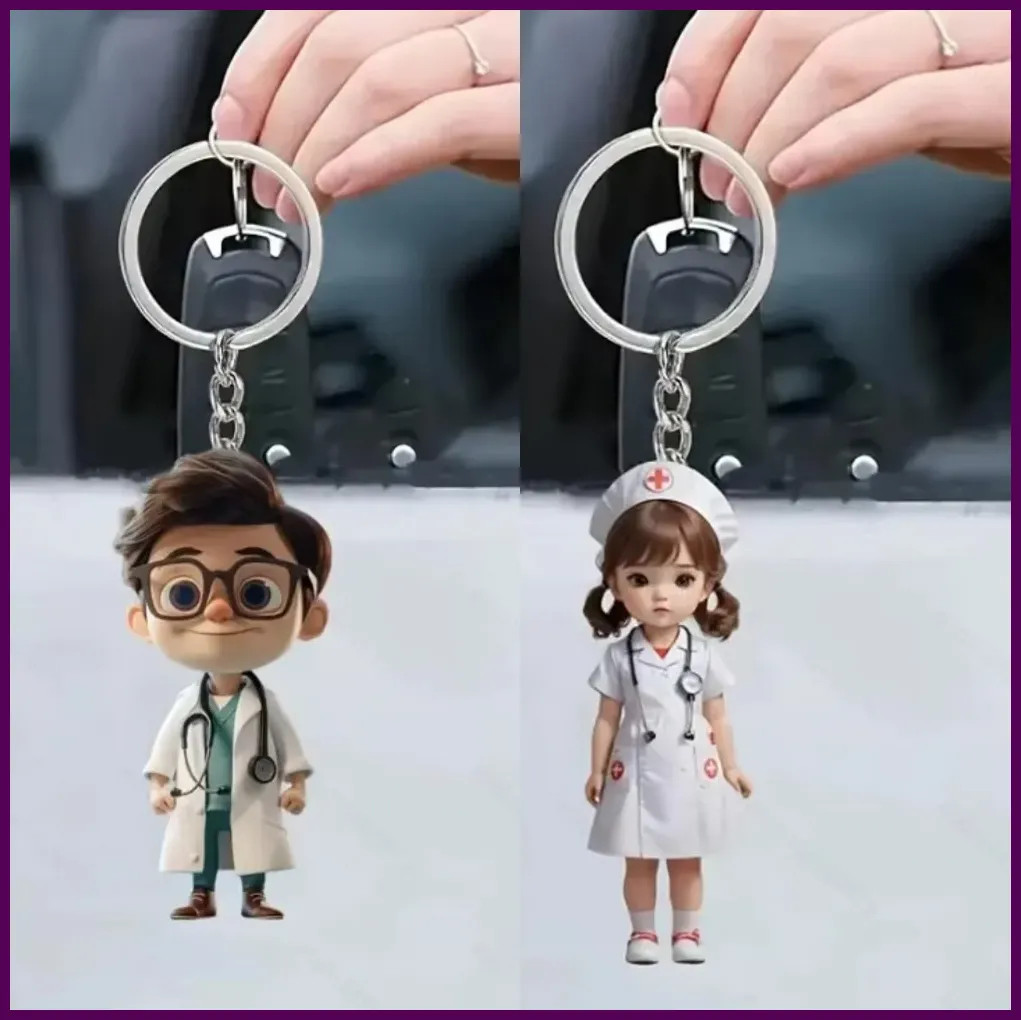 2D Flat White Angel Doctor Nurse Keychain with Quirky Style Nurse Doctor  Nurse