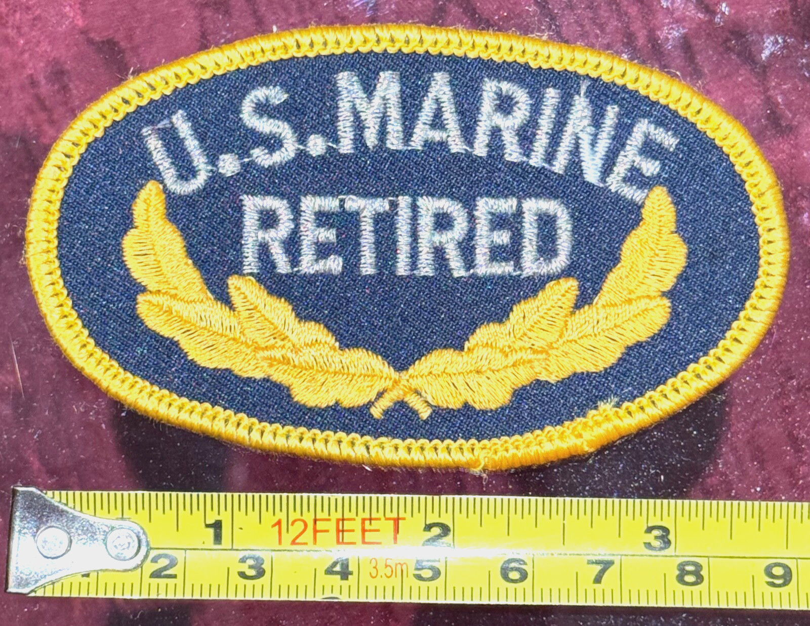 US Marine RETIRED 3.5" Oval Patch Iron-On Embroidered Silver Glitter Letters