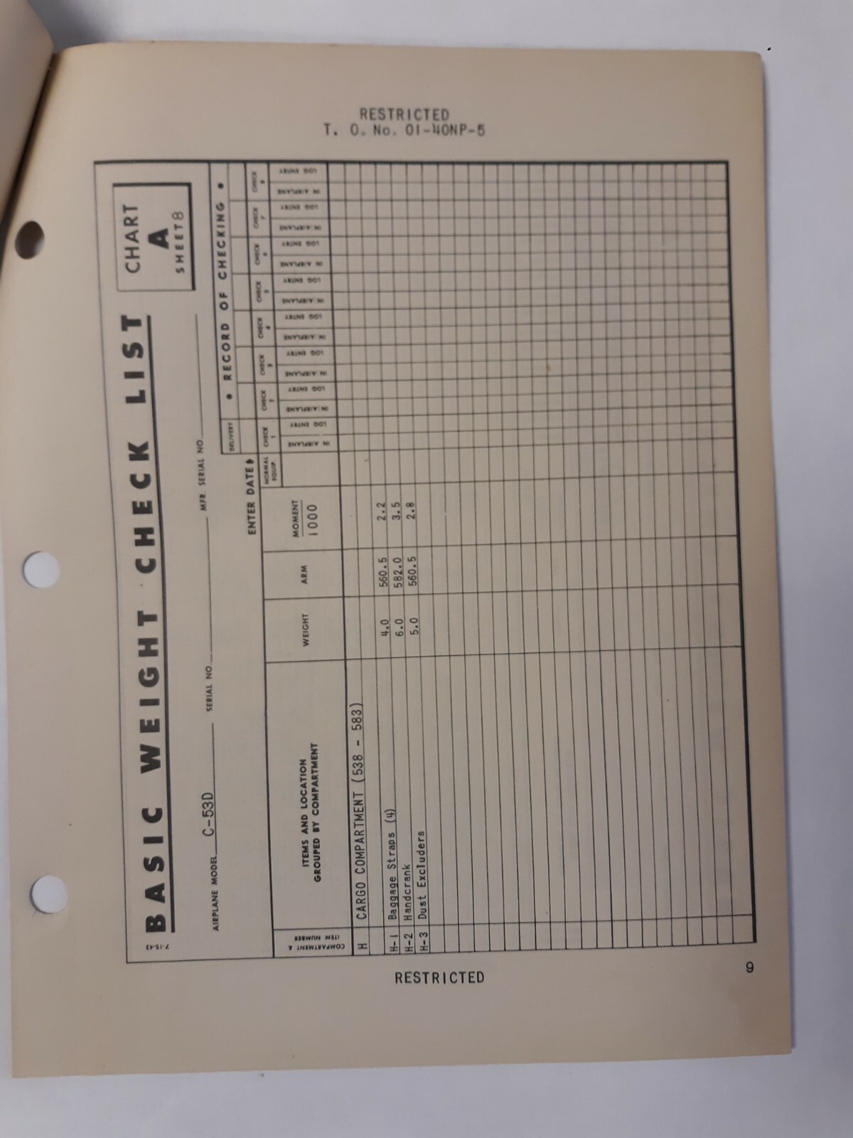 Douglas Model C-53D Airplane Basic Weight Checklist & Loading Data Original