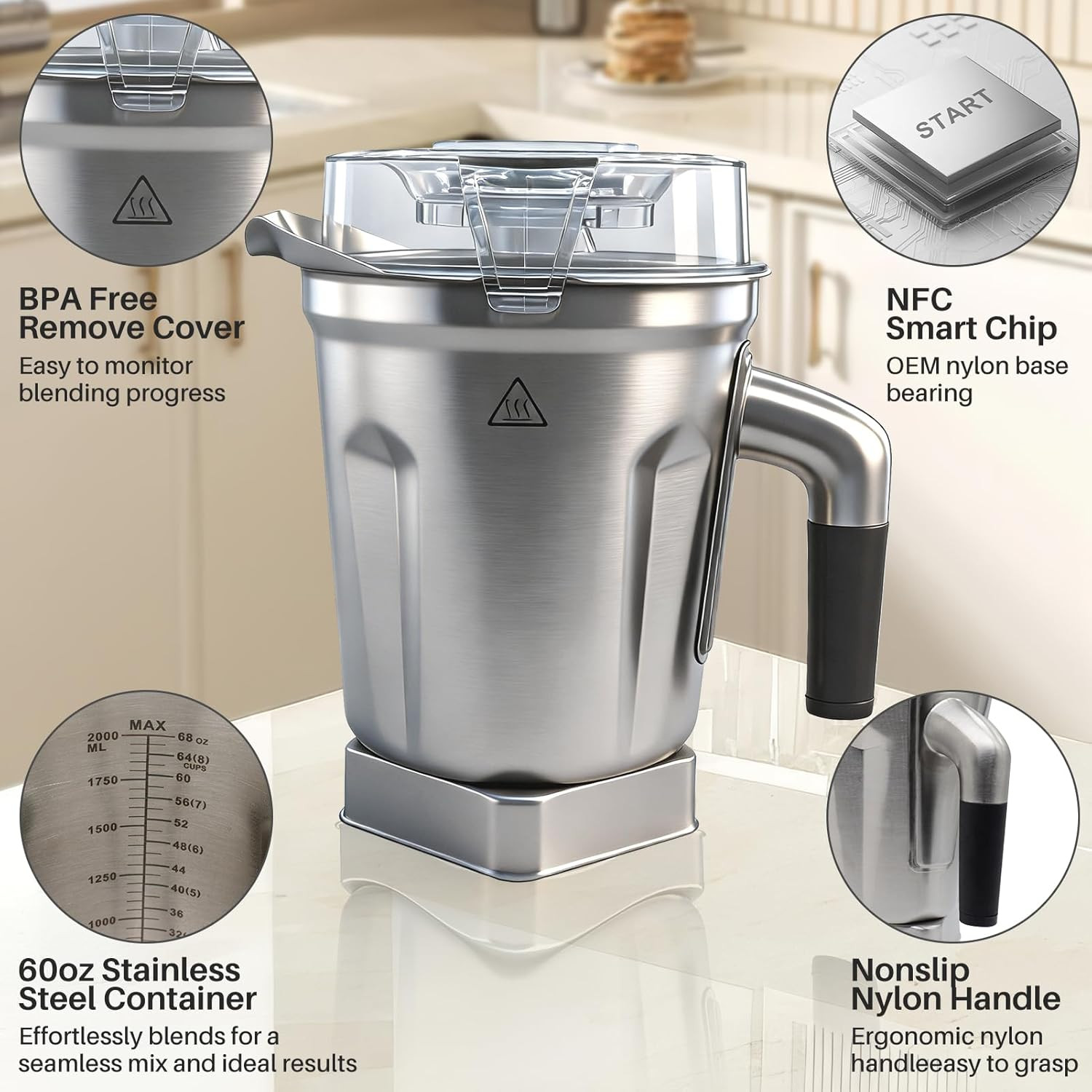 64Oz Stainless Steel Blender Container Replacement - Compatible with Vitamix 520