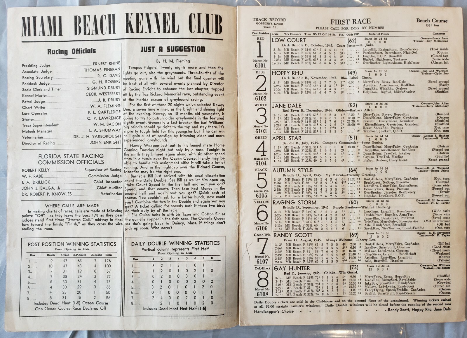 Vintage Miami Beach Dog Racing Program from March 7, 1947