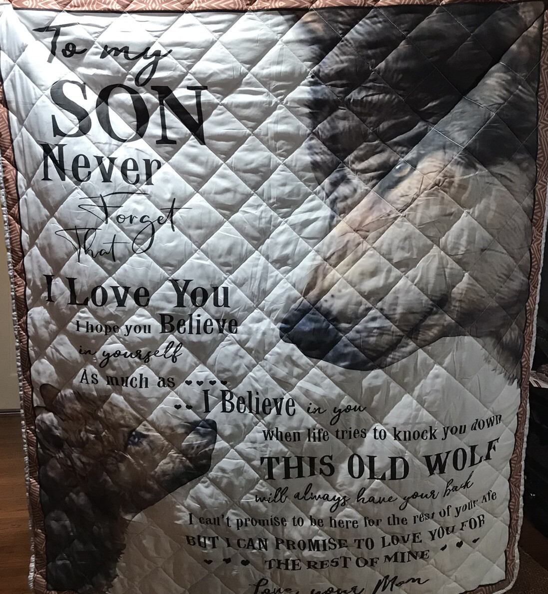 To My Son "Never Forget That I Love You" Love Mom Quilt NEW 50" x 60" with Wolf
