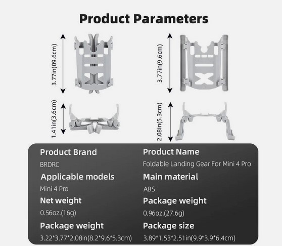 BRDRC Heightened Foldable Landing Gear Accessory For DJI Mini Pro Drone - NEW