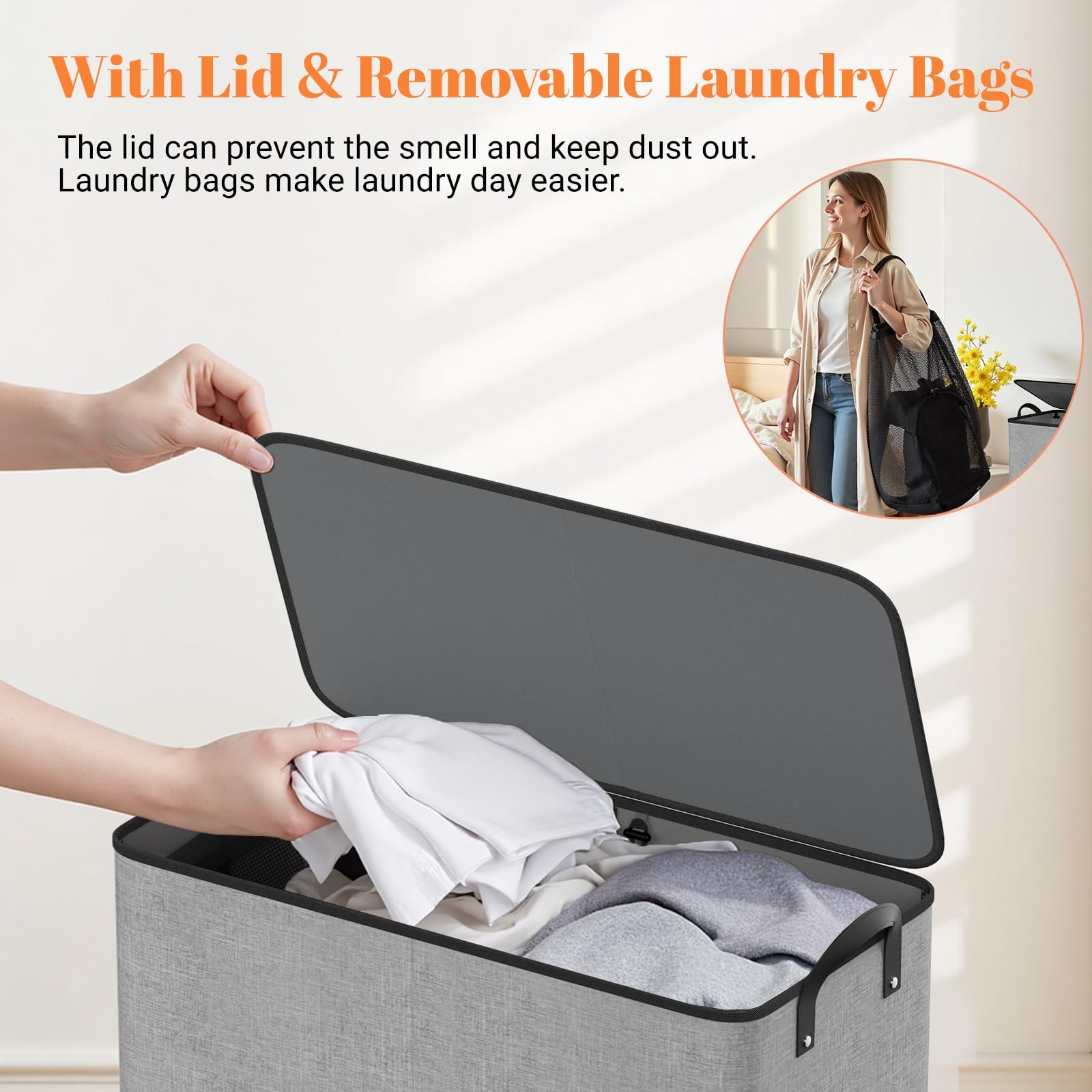 SmartTrends Large Double Laundry Hamper with Lid, Removable Bags & 136L, Gray