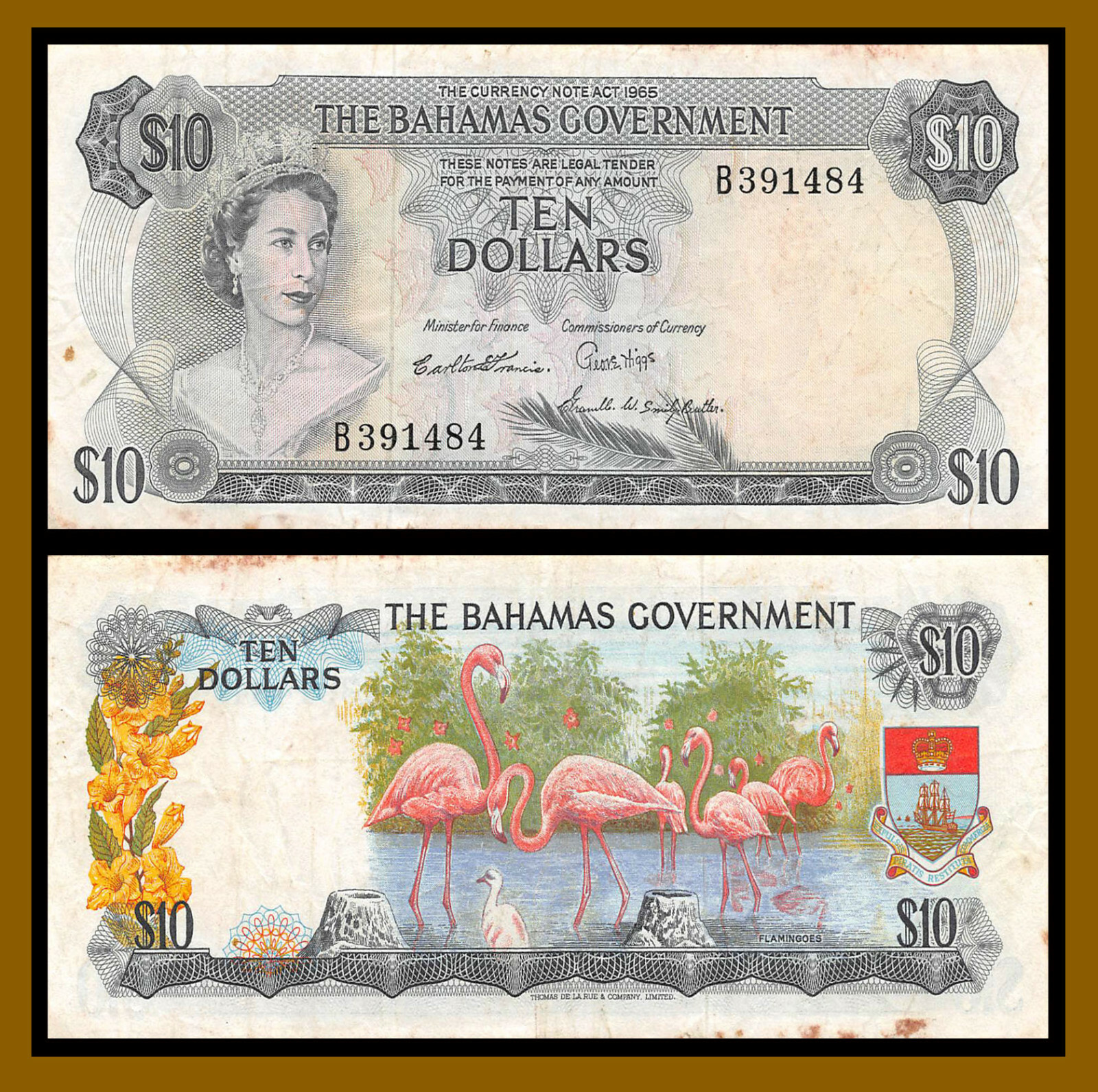Bahamas 10 Dollars, L.1965 P-22b 3 Sig. Francis/ Higgs/ Butler QE II (VF)