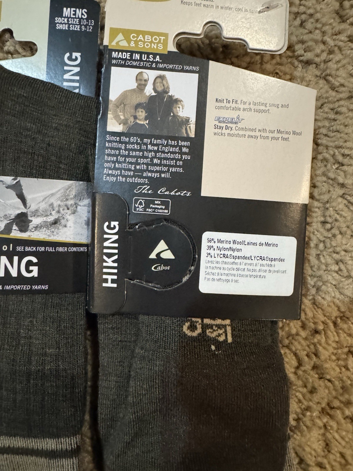NEW 2 Pairs Men's Cabot & Sons Merino Wool Hiking Socks USA NWT Green