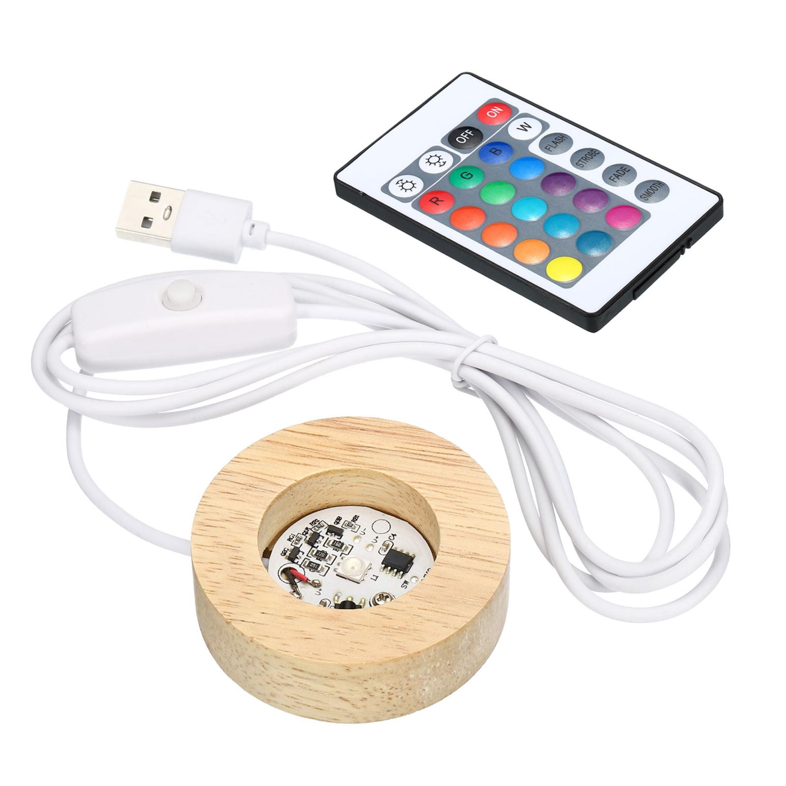 LED Light Round Wooden 2.36" Multicolored Display Base Stand with Remote Control