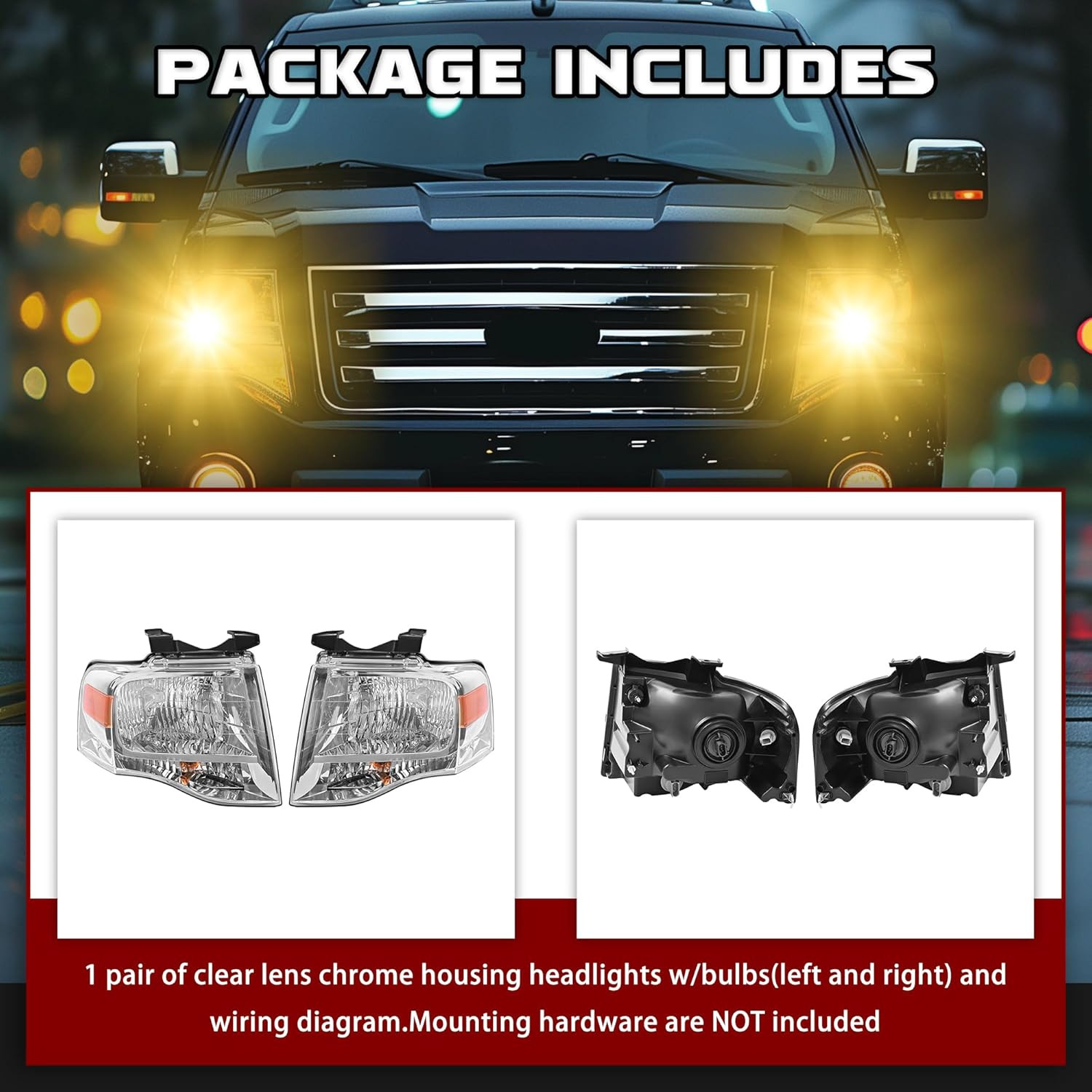 Pair Headlight Compatible with 2007-2014 Ford Expedition, Halogen Headlamp Front