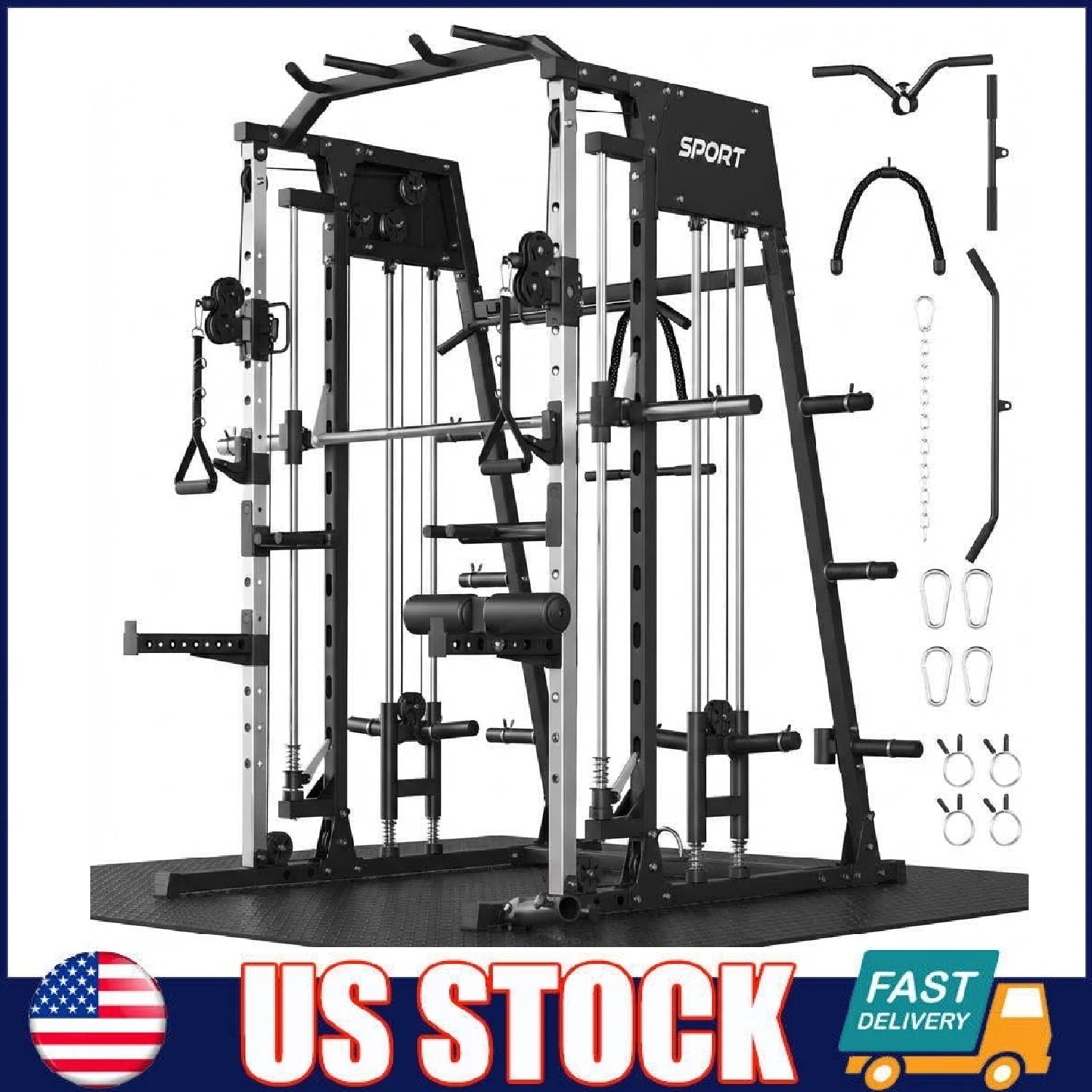 Smith Machine Home Gym 2200LBS Power Cage w/Dual Cable Pulley System & Smith Bar