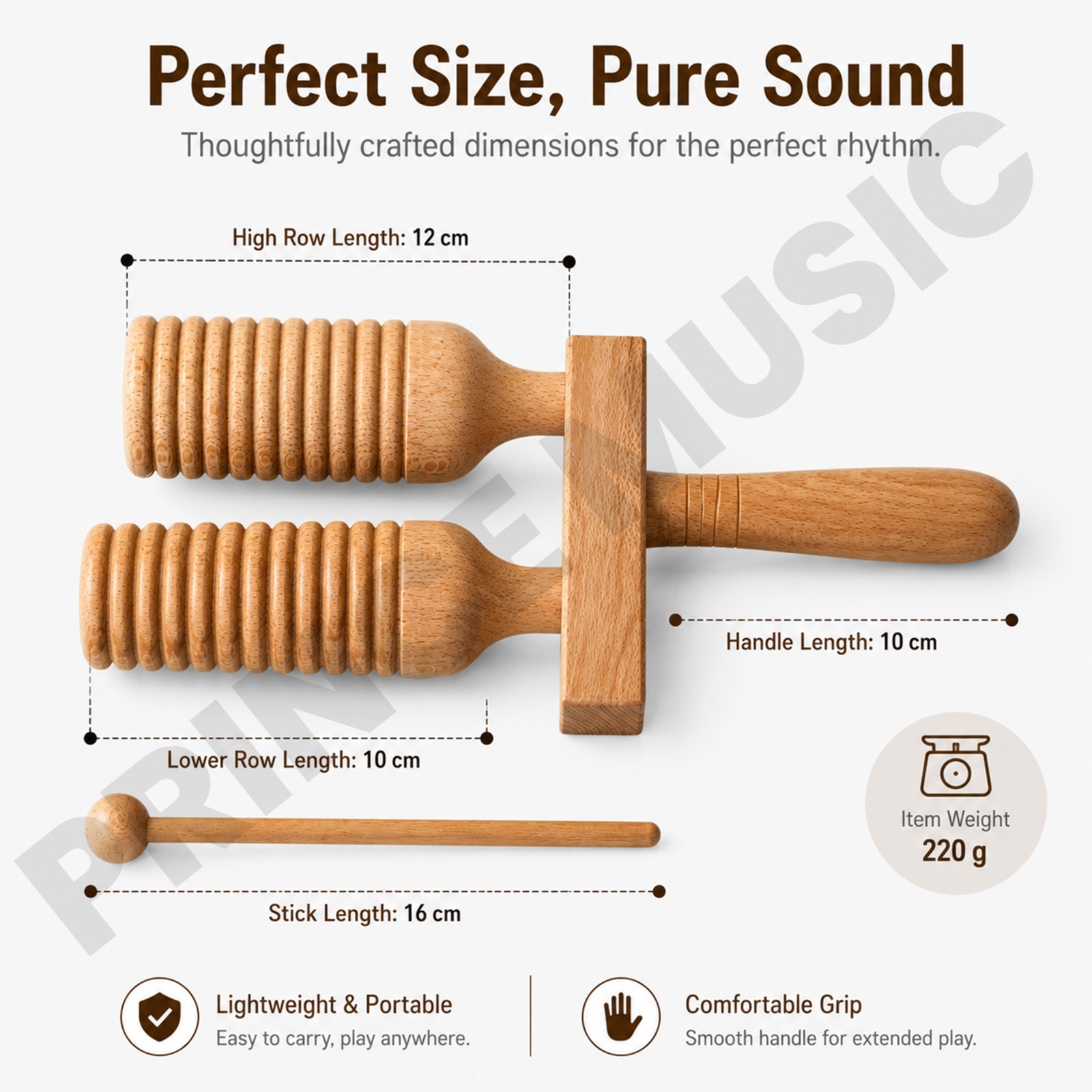 Percussion Instrument Agogo, Wooden Double Bell Tapered Handle