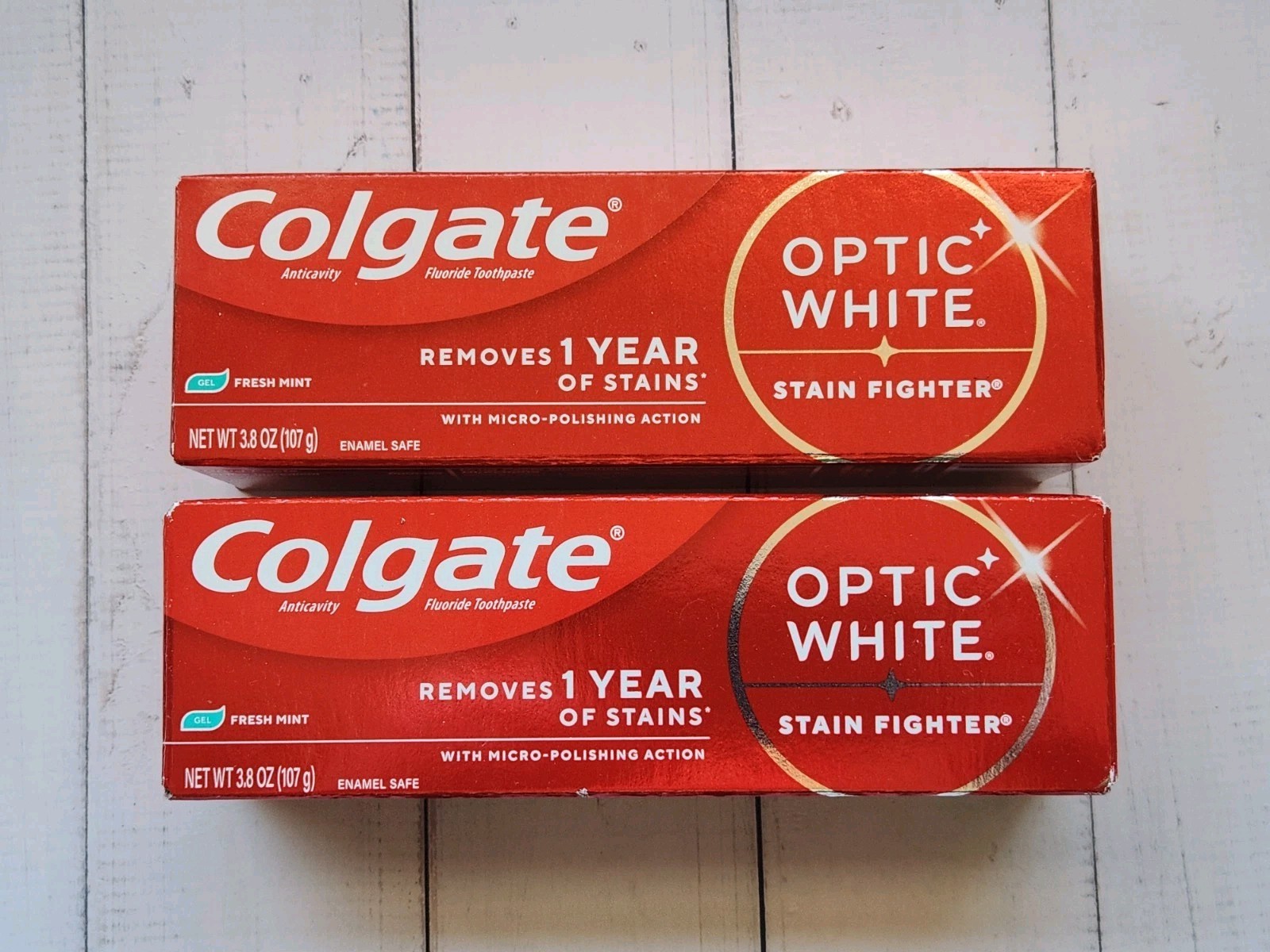 2× Colgate Optic White Stain Fighter Toothpaste Fresh Mint, 3.8oz, Exp: 02-2028