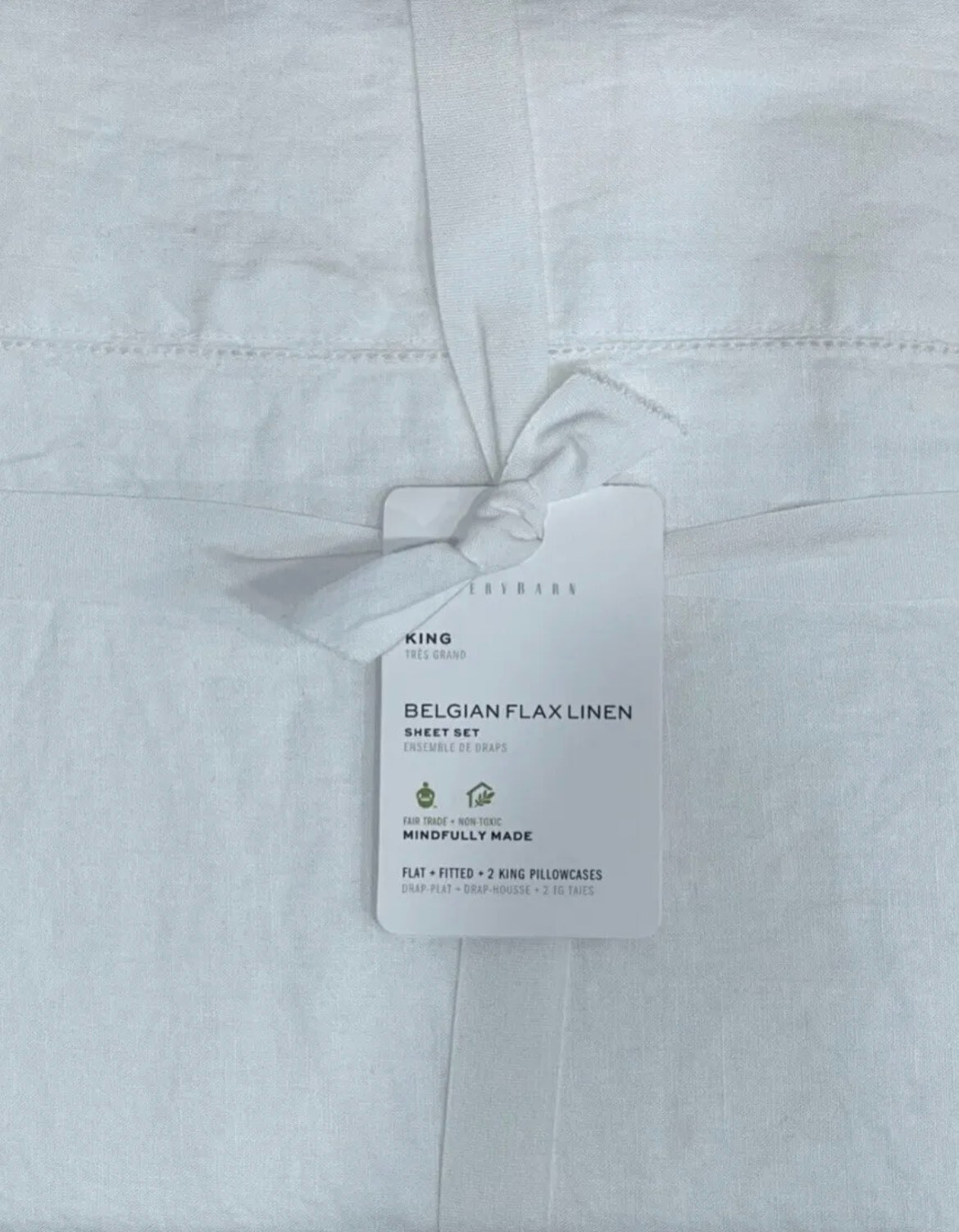 Pottery Barn 4pc BELGIAN FLAX LINEN HEMSTITCH Sheet Set King White NWT