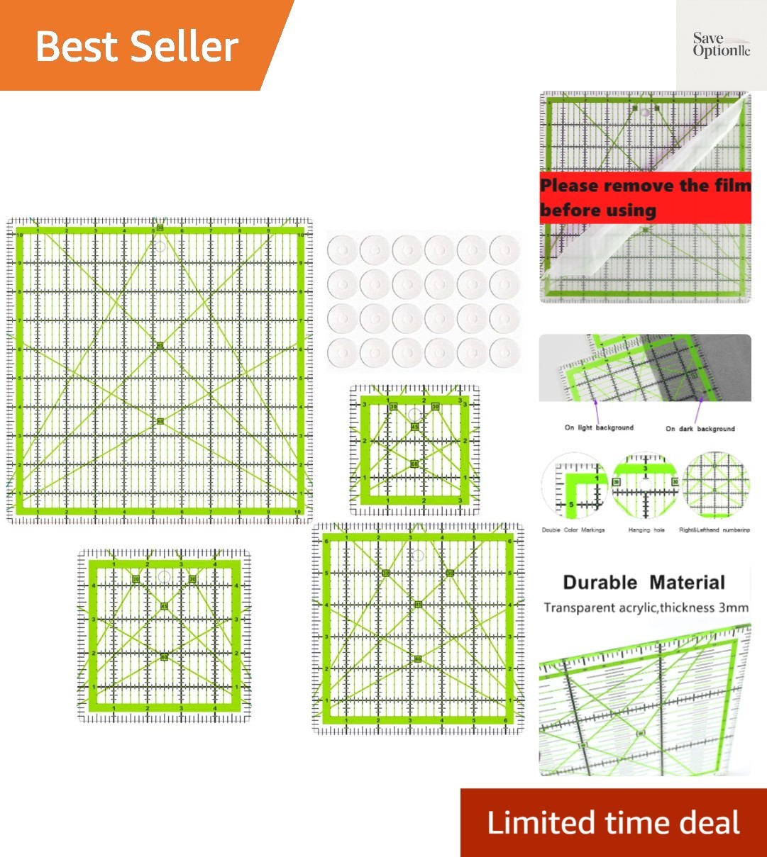 Quilting Rulers,4 Quilting Square Templates3.5"X3.5", 5"X5", 6.5"X6.5", 10.5"...