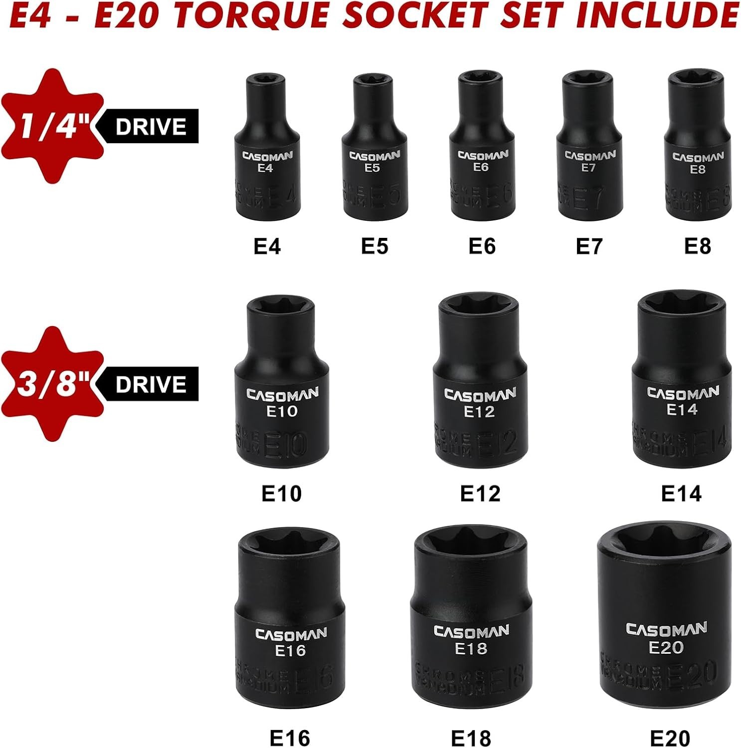 Comprehensive 11PC Chrome Vanadium E-Torx Socket Set with Black Phosphate Finish