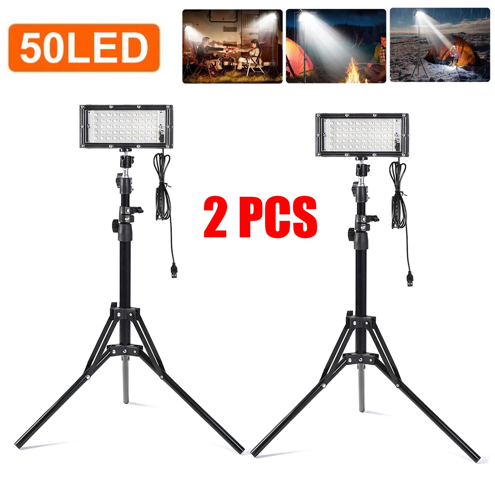 2PCS Camping LED Work Light w/ Tripod Stand Adjustable, Portable LED Flood Light